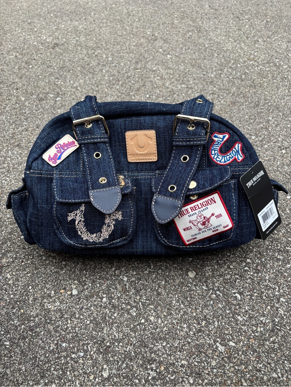 True Religion Dark Blue Denim Patchwork Purse Bag with Belt Straps - Picture 2 of 8